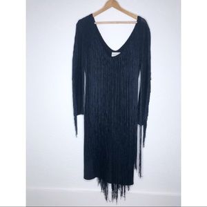 Vintage Black Fringe Long Sleeve Sweater Dress